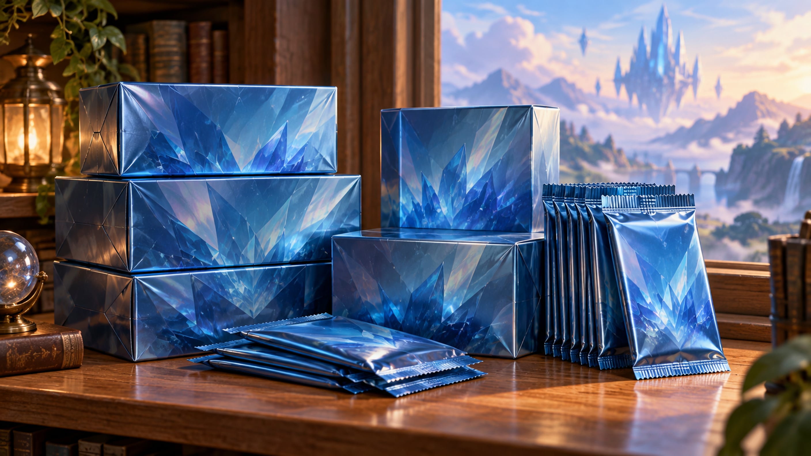 Unbranded card boxes and booster packs wrapped in crystal-blue foil on a wooden shelf